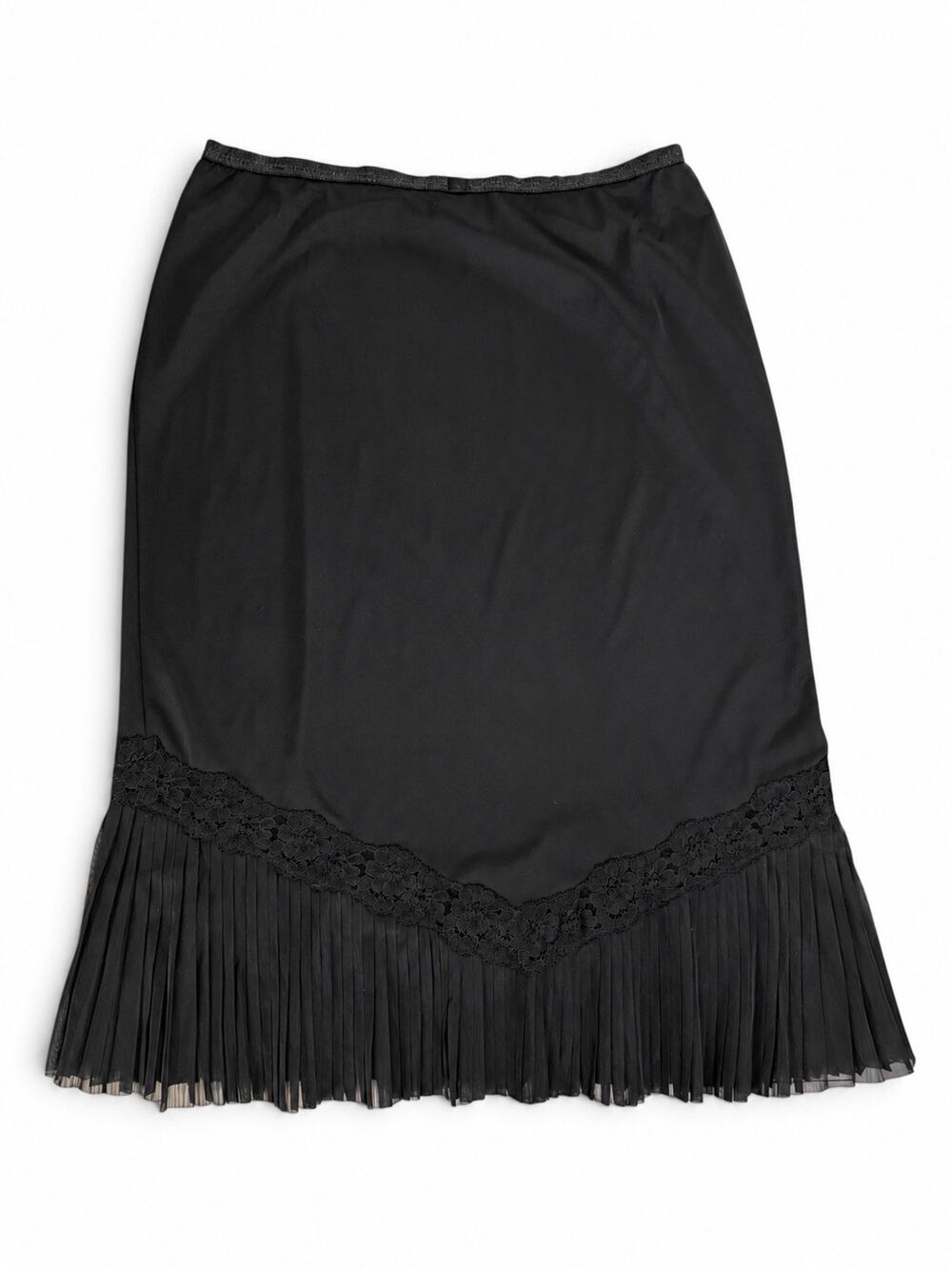 Vintage 50s Vanity Fair Nylon Half Slip Skirt Black Lace w/ Pleated Hem